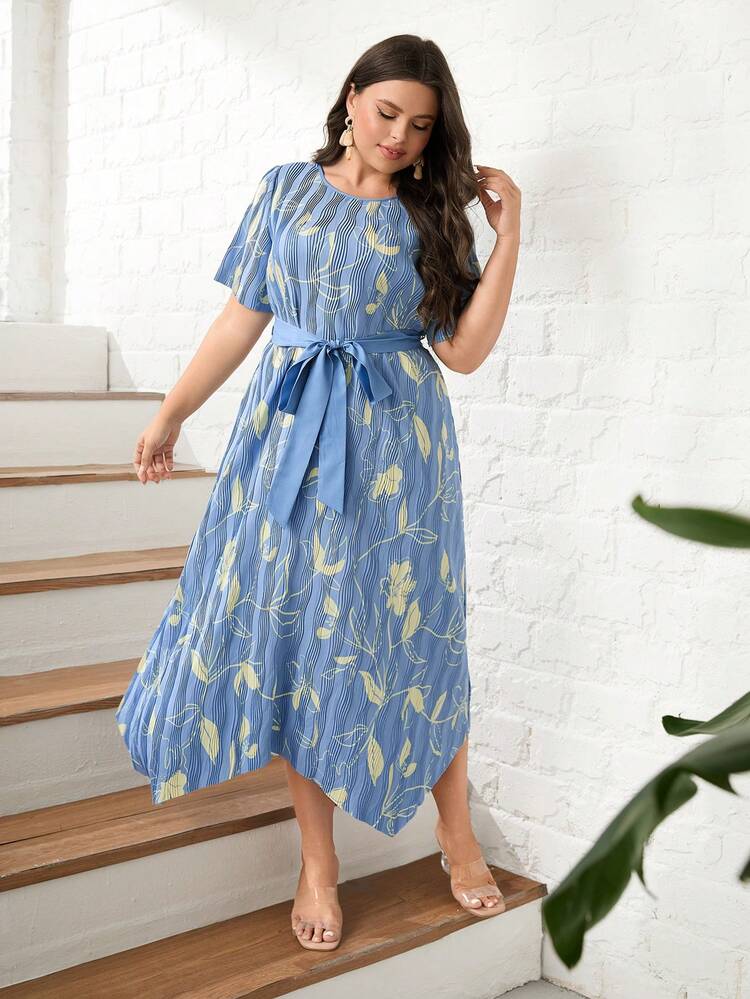 Mulvari Plus Allover Floral Print Hanky Hem Belted Dress - Multicolor - View 5