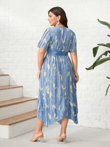 Mulvari Plus Allover Floral Print Hanky Hem Belted Dress