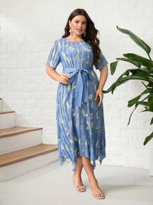 Mulvari Plus Allover Floral Print Hanky Hem Belted Dress