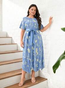 Mulvari Plus Allover Floral Print Hanky Hem Belted Dress