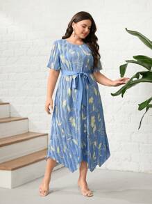 Mulvari Plus Allover Floral Print Hanky Hem Belted Dress