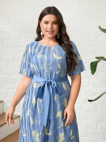 Mulvari Plus Allover Floral Print Hanky Hem Belted Dress