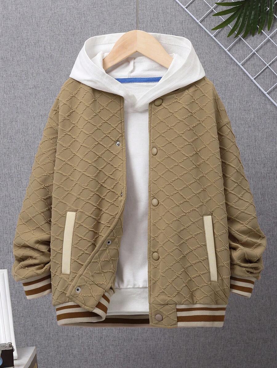 SHEIN Tween Boy 1pc Striped Trim Drop Shoulder Varsity Jacket - Khaki - View 1