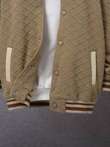 SHEIN Tween Boy 1pc Striped Trim Drop Shoulder Varsity Jacket - Khaki - View 3