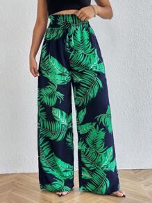 SHEIN Tall 熱帶圖案紙袋腰闊腿褲 - 藏蓝色 - 查看 1