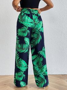 SHEIN Tall 熱帶圖案紙袋腰闊腿褲 - 藏蓝色 - 查看 2