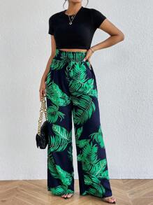 SHEIN Tall 熱帶圖案紙袋腰闊腿褲 - 藏蓝色 - 查看 3