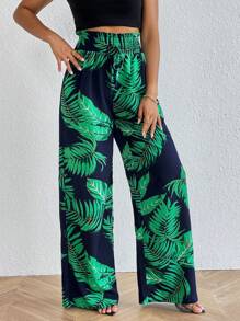 SHEIN Tall 熱帶圖案紙袋腰闊腿褲 - 藏蓝色 - 查看 4