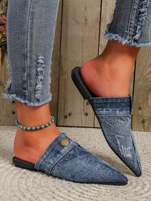 Women's Button Decorated Pointed Toe Canvas Mule Flat Shoes - Blue - View 1