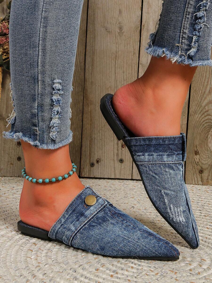 Women's Button Decorated Pointed Toe Canvas Mule Flat Shoes - Blue - View 1
