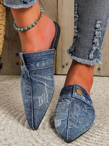 Women's Button Decorated Pointed Toe Canvas Mule Flat Shoes - Blue - View 3