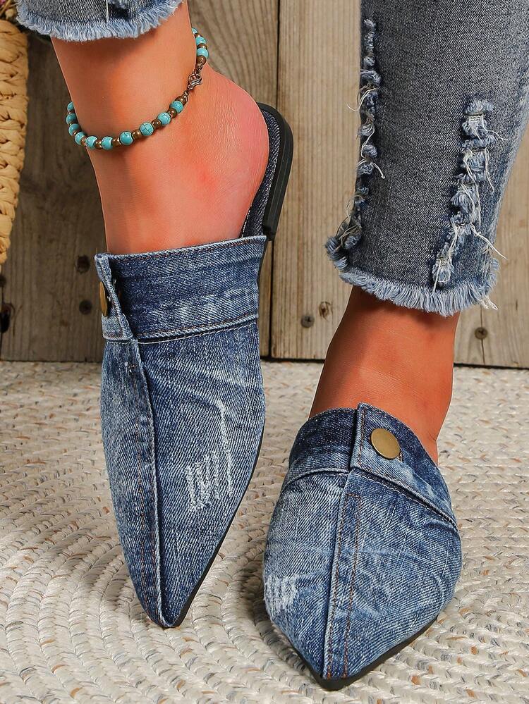 Của phụ nữ Nút Trang trí Pointed Toe tranh sơn dầu Con la Giày phẳng - Màu xanh lam - Xem 3