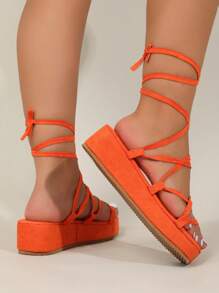 Ladies' Faux Suede Tie Up Platform Sandals With Chunky Sole - Orange - View 1