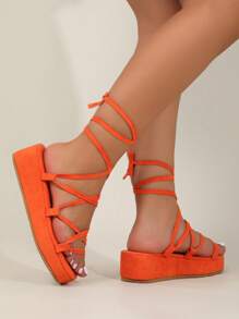 Ladies' Faux Suede Tie Up Platform Sandals With Chunky Sole - Orange - View 4