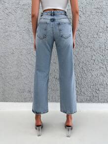 EURMUSE High Waist Cropped Straight Leg Jeans - Light Wash - View 2