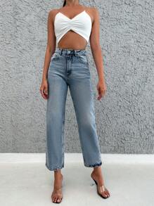 EURMUSE High Waist Cropped Straight Leg Jeans - Light Wash - View 3