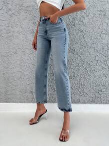 EURMUSE High Waist Cropped Straight Leg Jeans - Light Wash - View 5