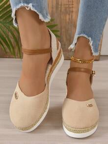 女性坡跟跟鞋帶金屬質感裝飾用品和編織踝帶 - 米色 - 查看 1