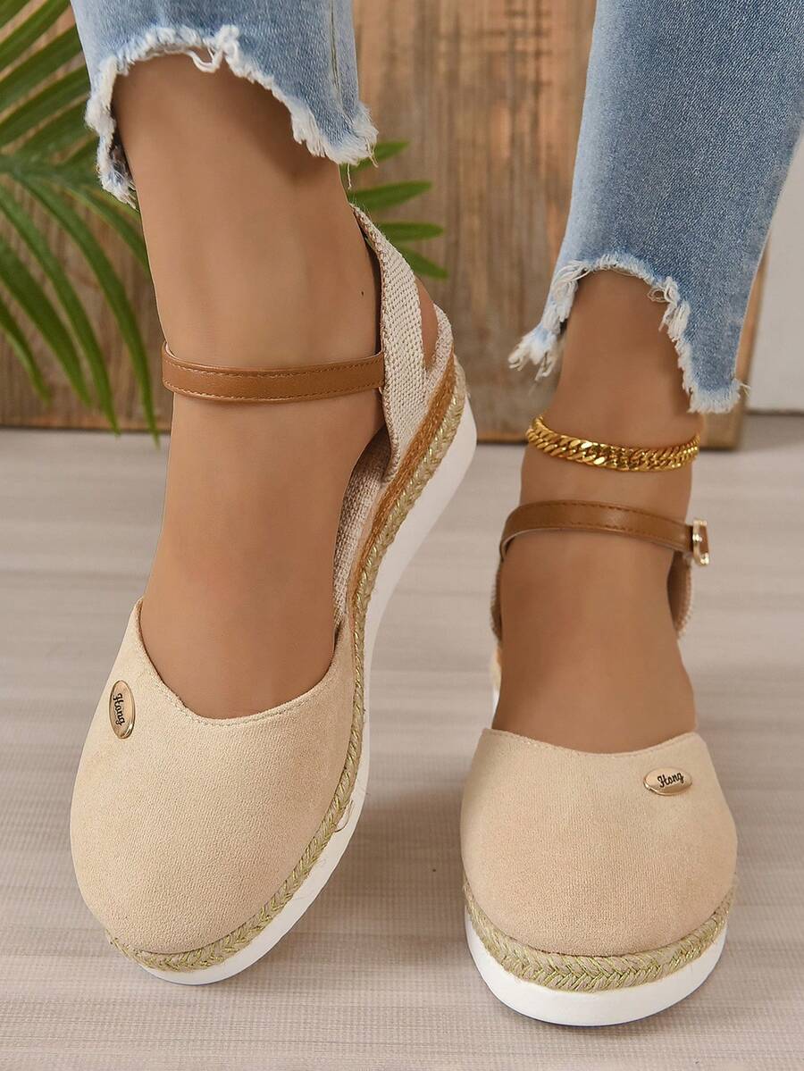 女性坡跟跟鞋帶金屬質感裝飾用品和編織踝帶 - 米色 - 查看 1