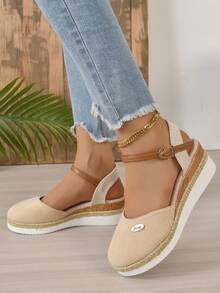 女性坡跟跟鞋帶金屬質感裝飾用品和編織踝帶 - 米色 - 查看 2