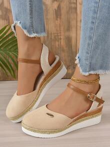 女性坡跟跟鞋帶金屬質感裝飾用品和編織踝帶 - 米色 - 查看 4