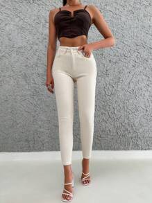 RueChic Solid Cropped Skinny Jeans - Beige - View 4