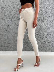 RueChic Solid Cropped Skinny Jeans - Beige - View 5