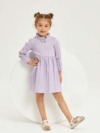Young Girl Bow Front Frill Neck Smock Dress