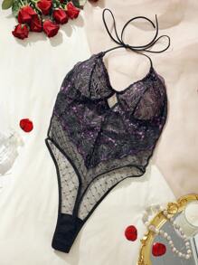 花卉蕾絲貝殼邊繞頸露背吊帶連體衣 - 黑色 - 查看 1
