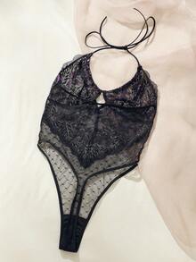 花卉蕾絲貝殼邊繞頸露背吊帶連體衣 - 黑色 - 查看 2