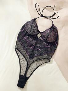 花卉蕾絲貝殼邊繞頸露背吊帶連體衣 - 黑色 - 查看 3