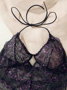 花卉蕾絲貝殼邊繞頸露背吊帶連體衣 - 黑色 - 查看 4