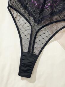 花卉蕾絲貝殼邊繞頸露背吊帶連體衣 - 黑色 - 查看 5