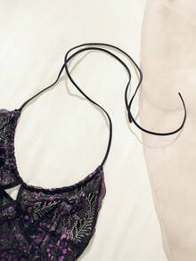 花卉蕾絲貝殼邊繞頸露背吊帶連體衣 - 黑色 - 查看 6