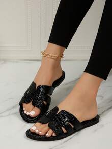 休闲纯色露趾舒适超大号女式一脚蹬平底凉鞋 - 黑色 - 查看 3