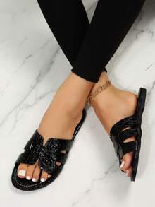 休闲纯色露趾舒适超大号女式一脚蹬平底凉鞋 - 黑色 - 查看 7