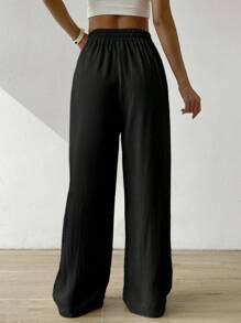 SHEIN EZwear 女性夏季純色米色高腰拉繩腰麻質寬腿褲 - 黑色 - 查看 2