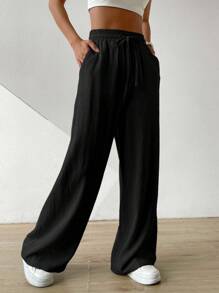 SHEIN EZwear 女性夏季純色米色高腰拉繩腰麻質寬腿褲 - 黑色 - 查看 3