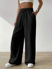 SHEIN EZwear 女性夏季純色米色高腰拉繩腰麻質寬腿褲 - 黑色 - 查看 5