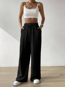 SHEIN EZwear 女性夏季純色米色高腰拉繩腰麻質寬腿褲 - 黑色 - 查看 6