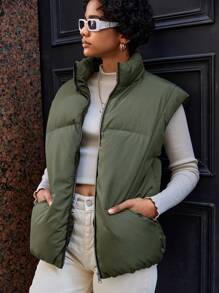 EURMUSE Slant Pockets Sleeveless Puffer Vest Coat - Army Green - View 1
