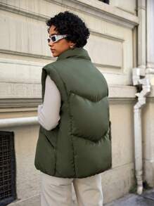 EURMUSE Slant Pockets Sleeveless Puffer Vest Coat - Army Green - View 2