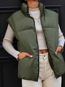 EURMUSE Slant Pockets Sleeveless Puffer Vest Coat - Army Green - View 3