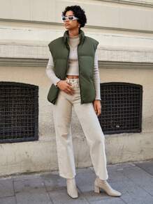 EURMUSE Slant Pockets Sleeveless Puffer Vest Coat - Army Green - View 4