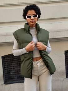 EURMUSE Slant Pockets Sleeveless Puffer Vest Coat - Army Green - View 5