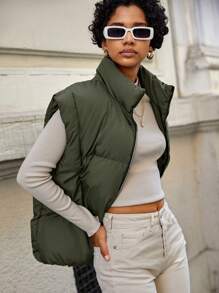 EURMUSE Slant Pockets Sleeveless Puffer Vest Coat - Army Green - View 6