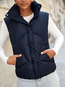 EURMUSE Women's Solid Color Zipper Front Casual Vest Jacket, Winter - Navy Blue - View 5