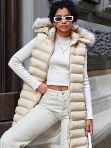 EURMUSE Fuzzy Trim Hooded Zipper Puffer Vest Coat - Beige - View 1