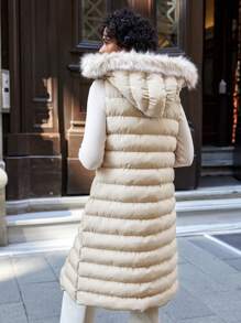 EURMUSE Fuzzy Trim Hooded Zipper Puffer Vest Coat - Beige - View 2