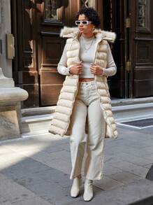 EURMUSE Fuzzy Trim Hooded Zipper Puffer Vest Coat - Beige - View 3